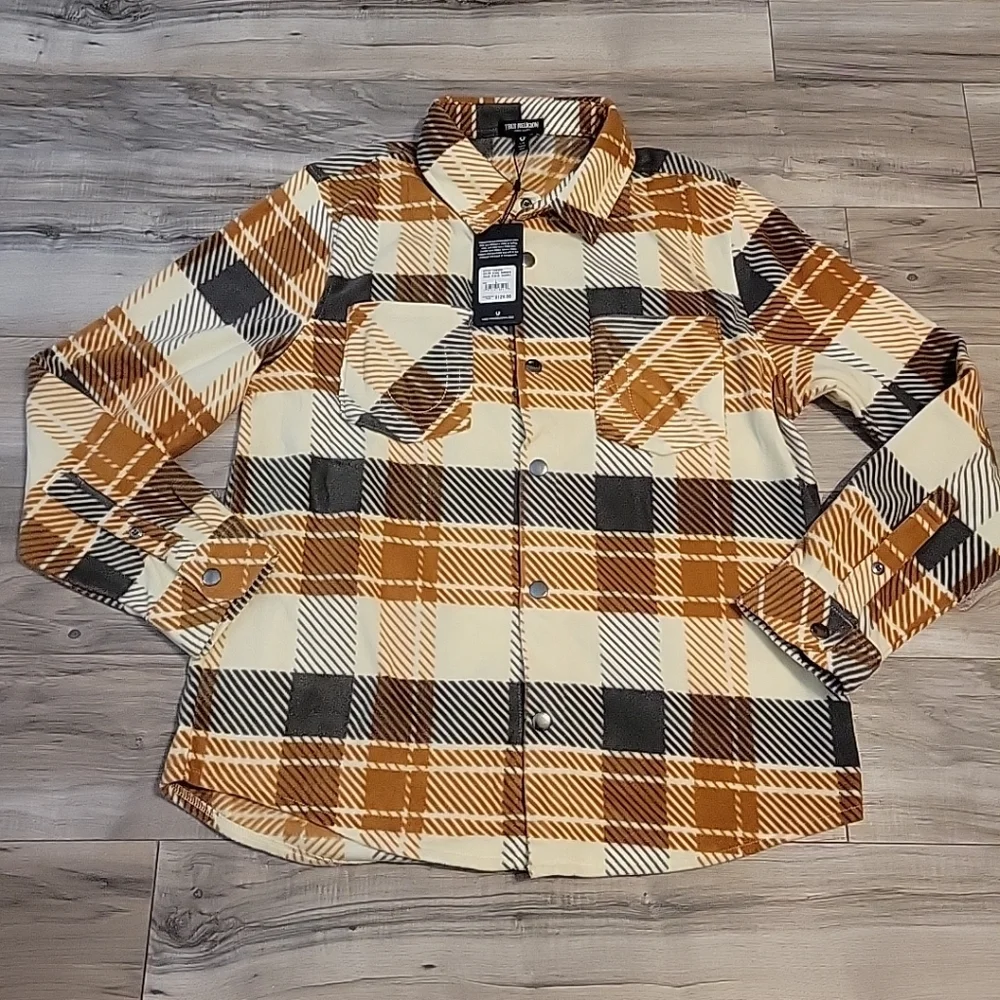 True Religion Polar Fleece Shacket Mens Large Brown‎ Gray Allover Gometric NWT